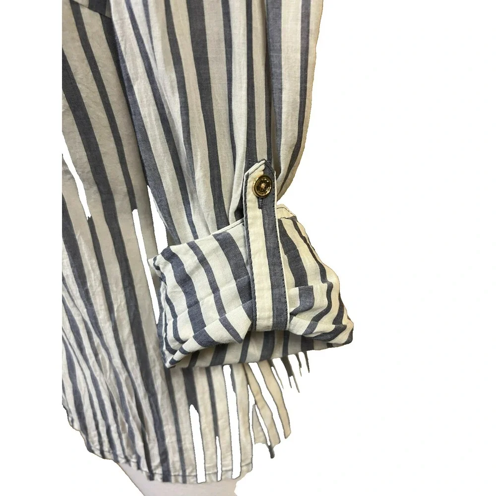 Tory Burch Button Up Shirt Blue White Stripe Cotton Pockets Roll Tab Sleeve SZ 4